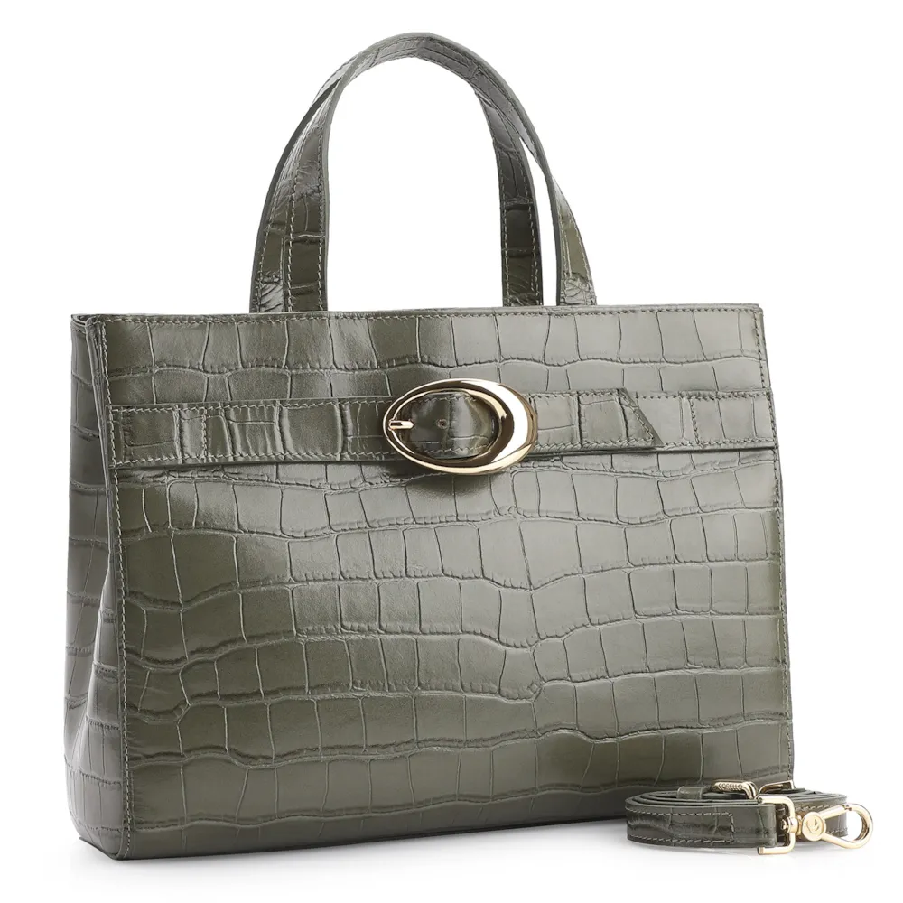 Bolsa Tote Fivela Couro Croco Verde - imagem 3