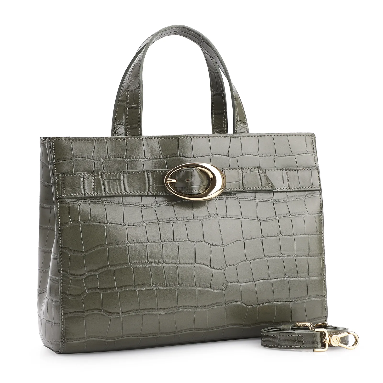 Bolsa Tote Fivela Couro Croco Verde