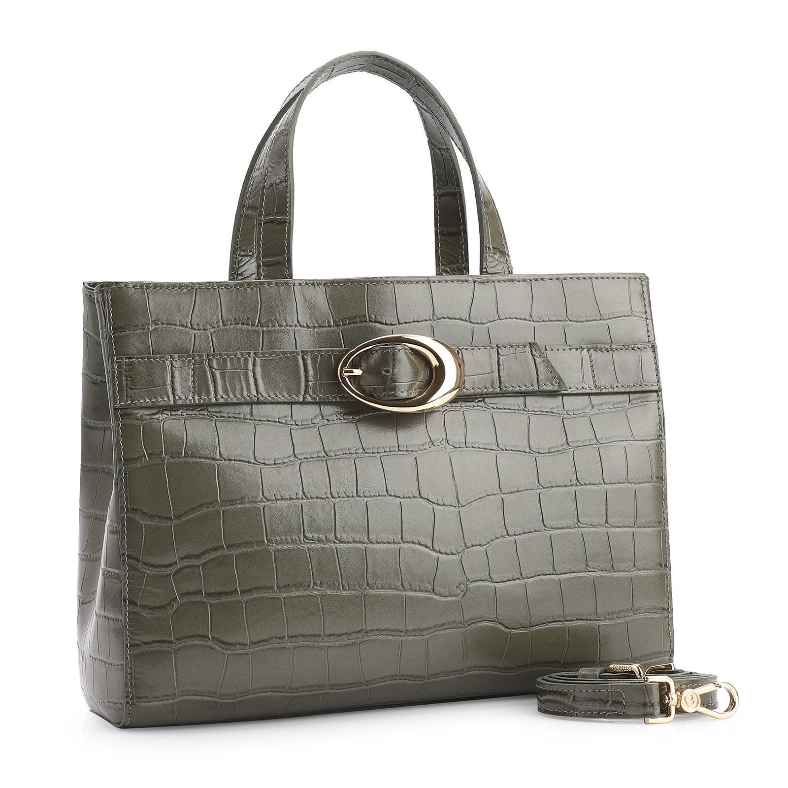 Bolsa Tote Fivela Couro Croco Verde