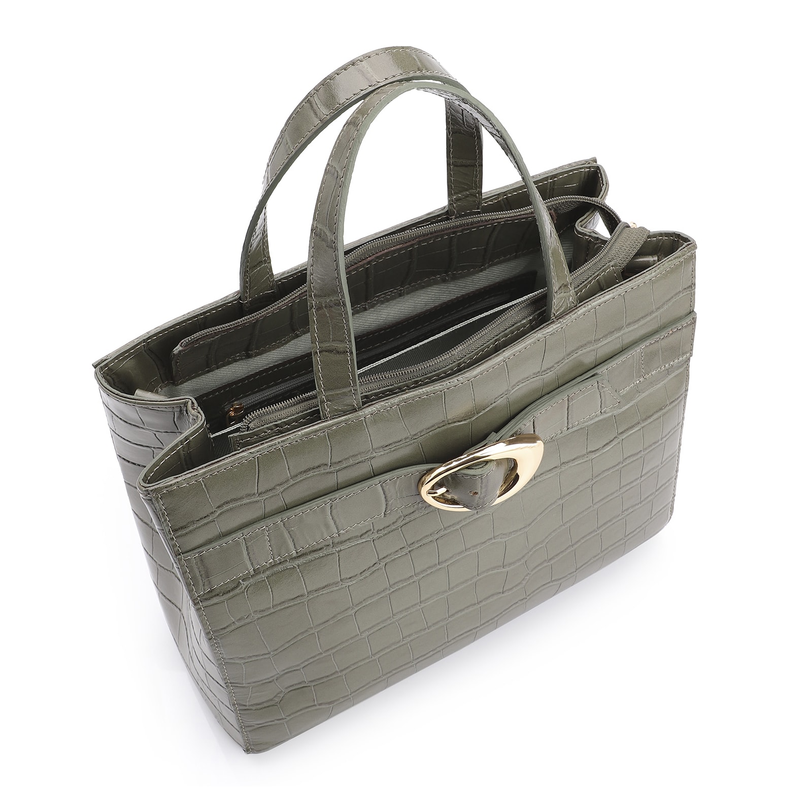 Bolsa Tote Fivela Couro Croco Verde