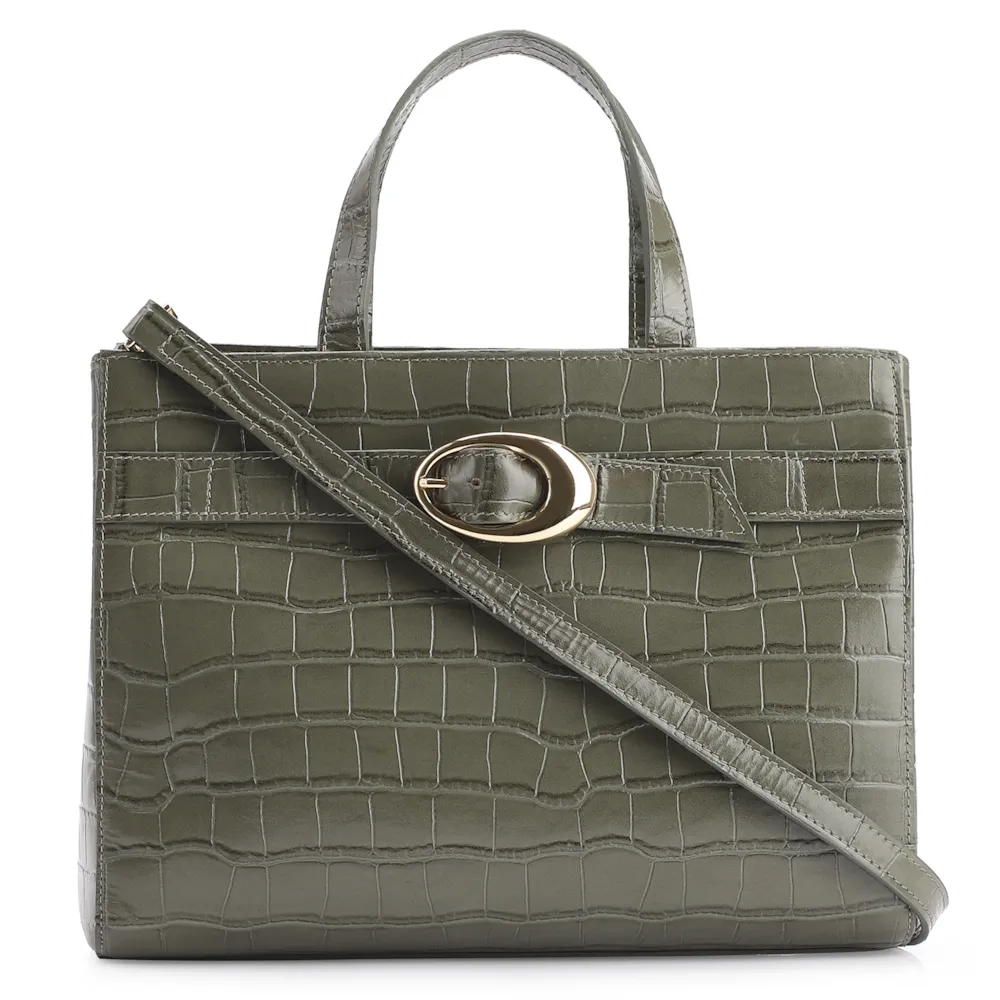 Bolsa Tote Fivela Couro Croco Verde