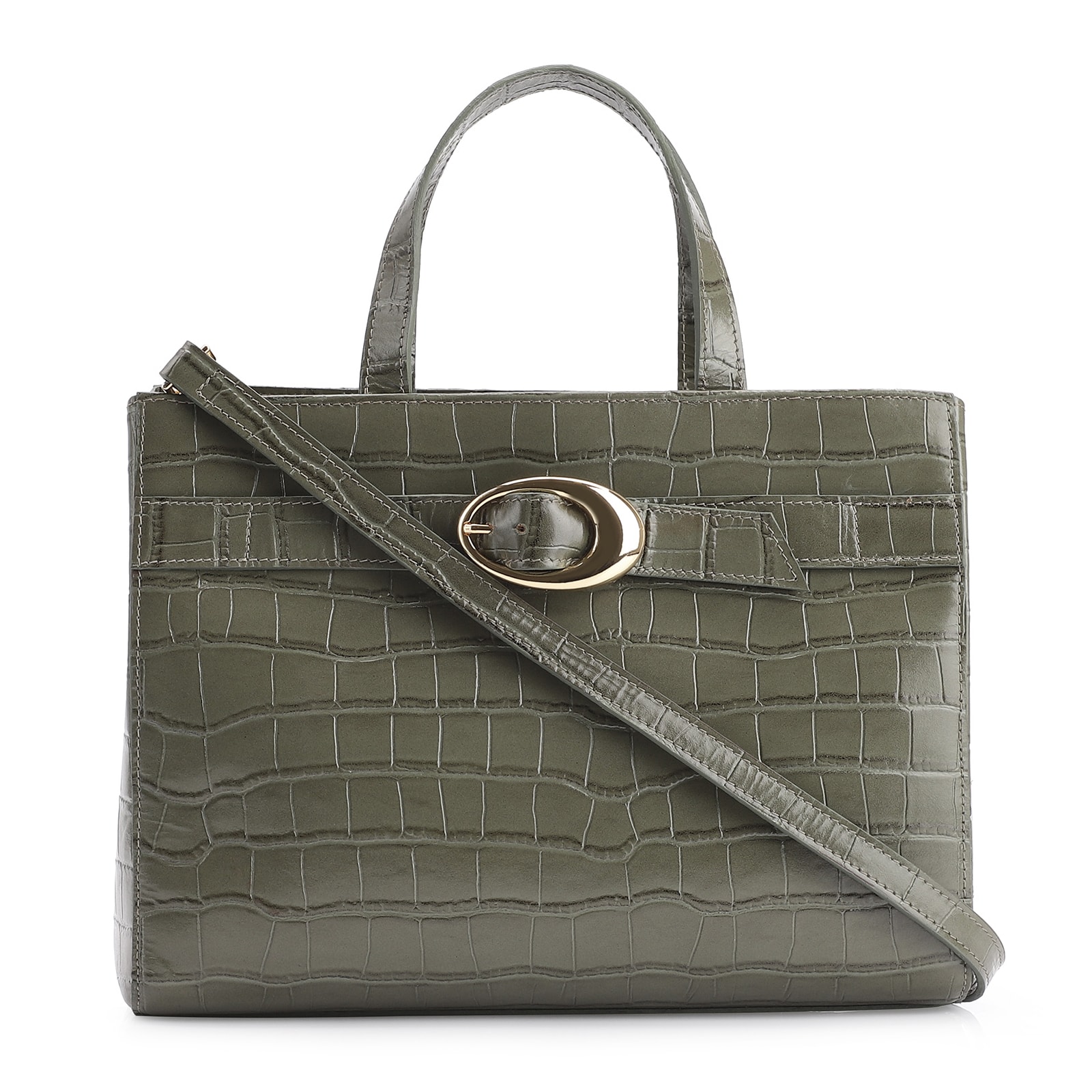 Bolsa Tote Fivela Couro Croco Verde