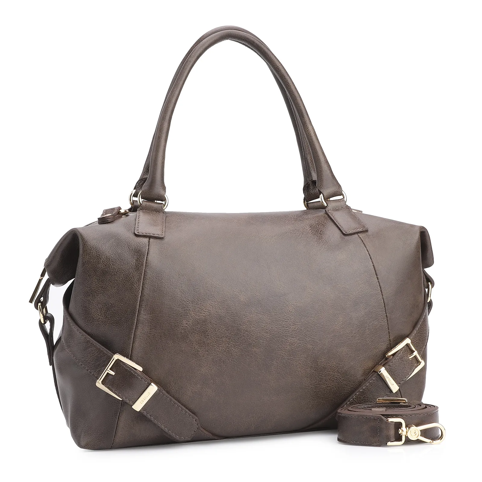 Bolsa Tote Fivelas Couro Estonado Marrom