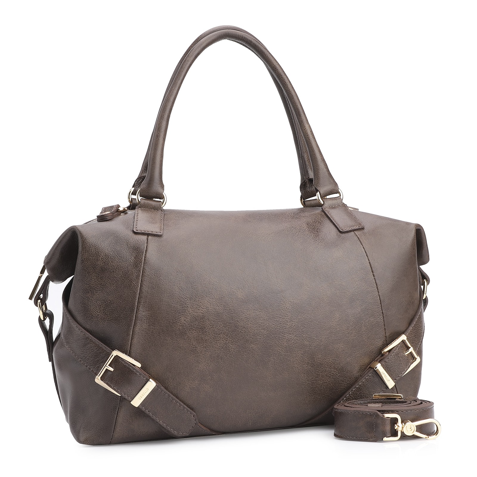 Bolsa Tote Fivelas Couro Estonado Marrom