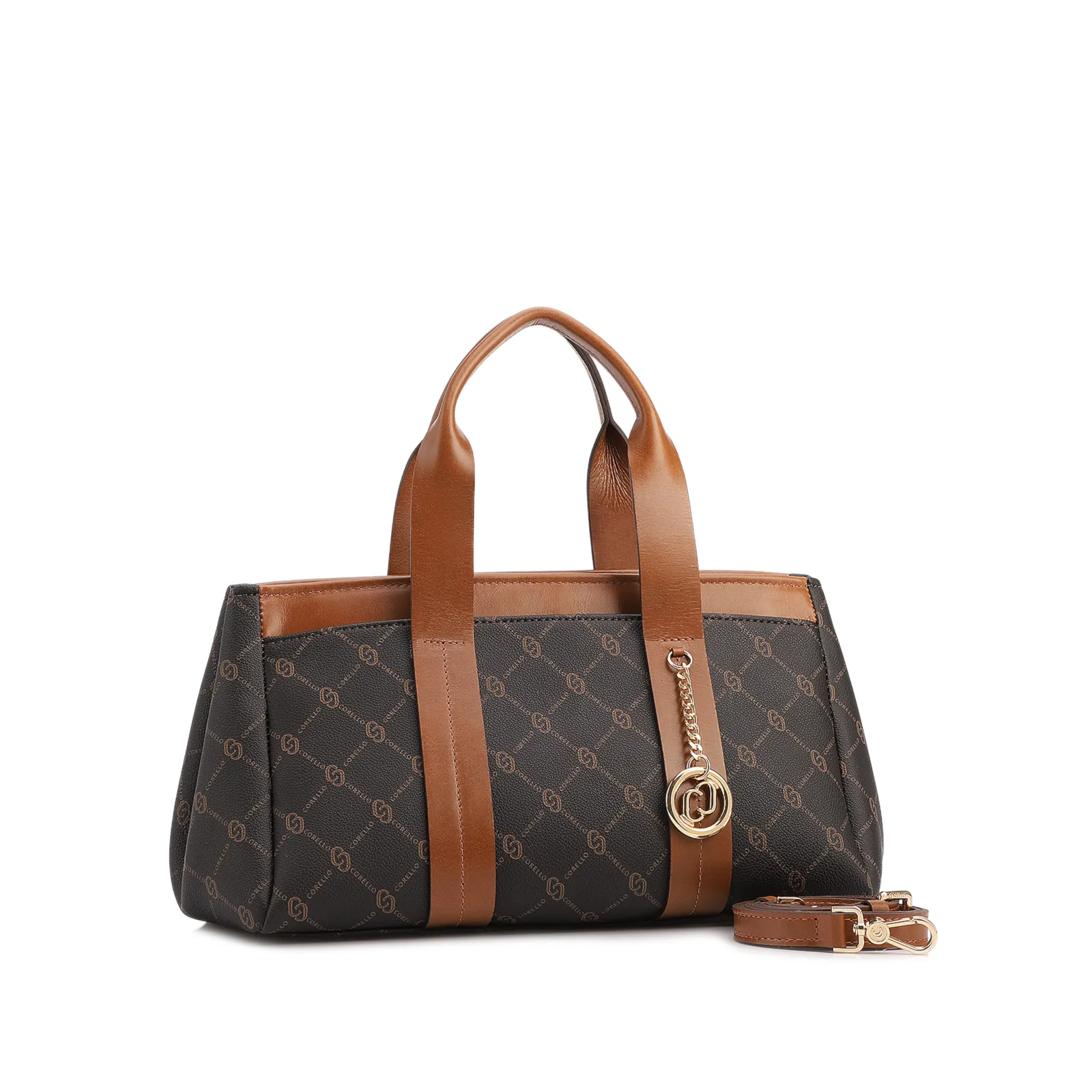 Bolsa Tote Grande Alt/Couro Marrom Monograma Botão Lateral