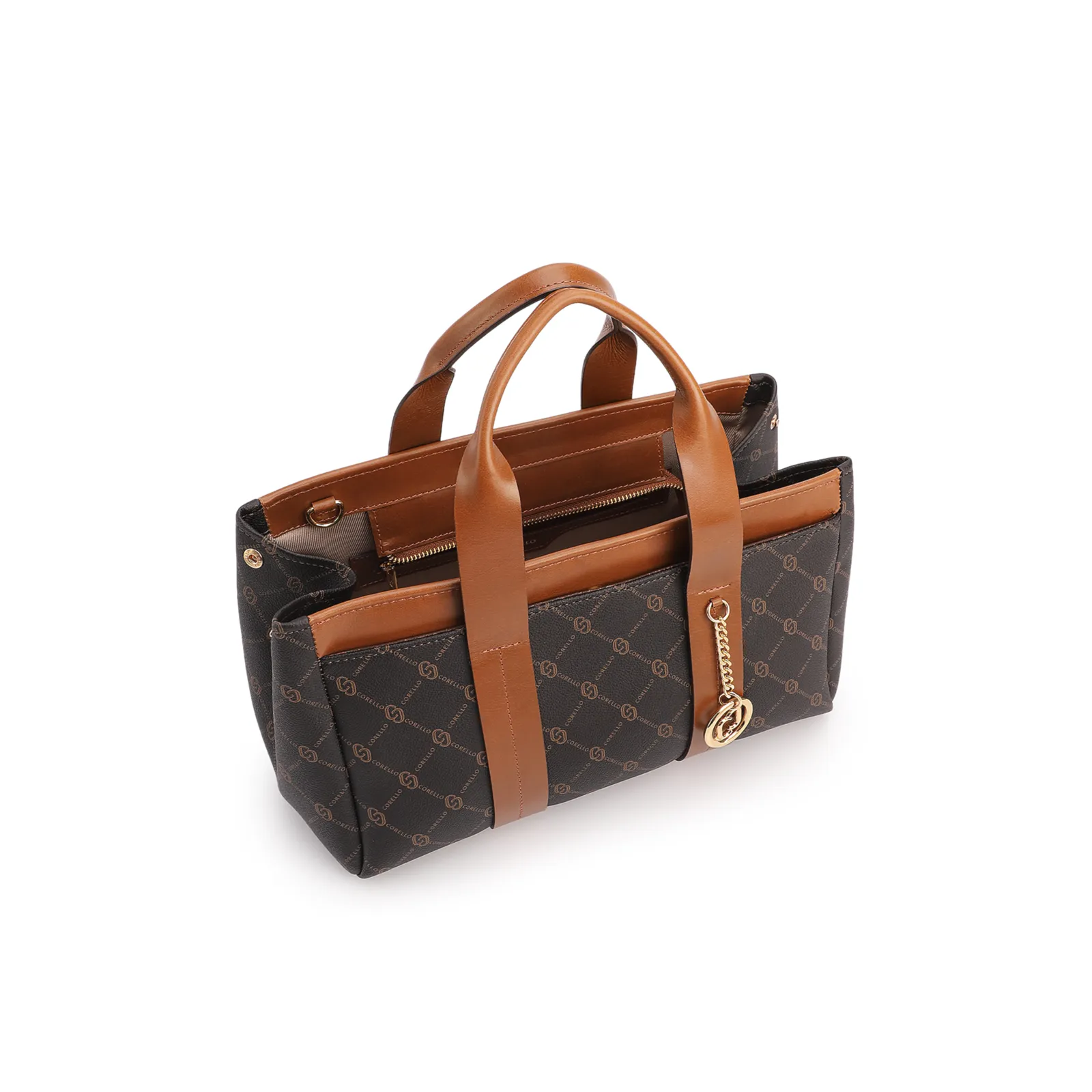 Bolsa Tote Grande Alt/Couro Marrom Monograma Botão Lateral