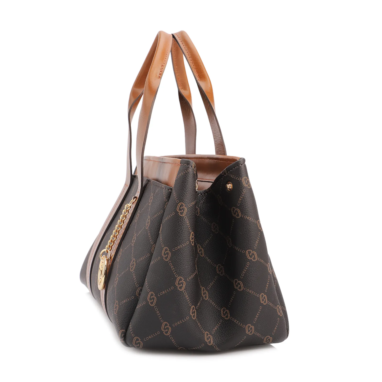 Bolsa Tote Grande Alt/Couro Marrom Monograma Botão Lateral