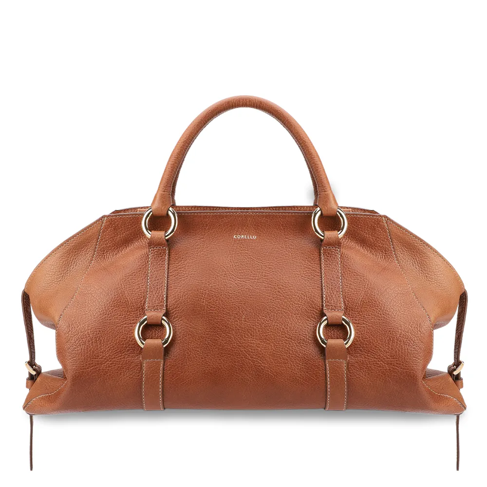 Bolsa Tote Grande Couro Antique Marrom Claro Argolas Douradas