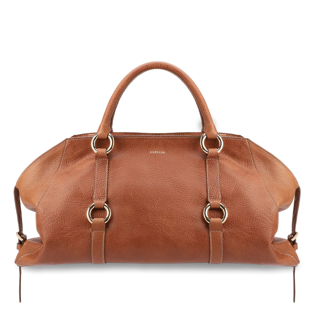 Bolsa Tote Grande Couro Antique Marrom Claro Argolas Douradas
