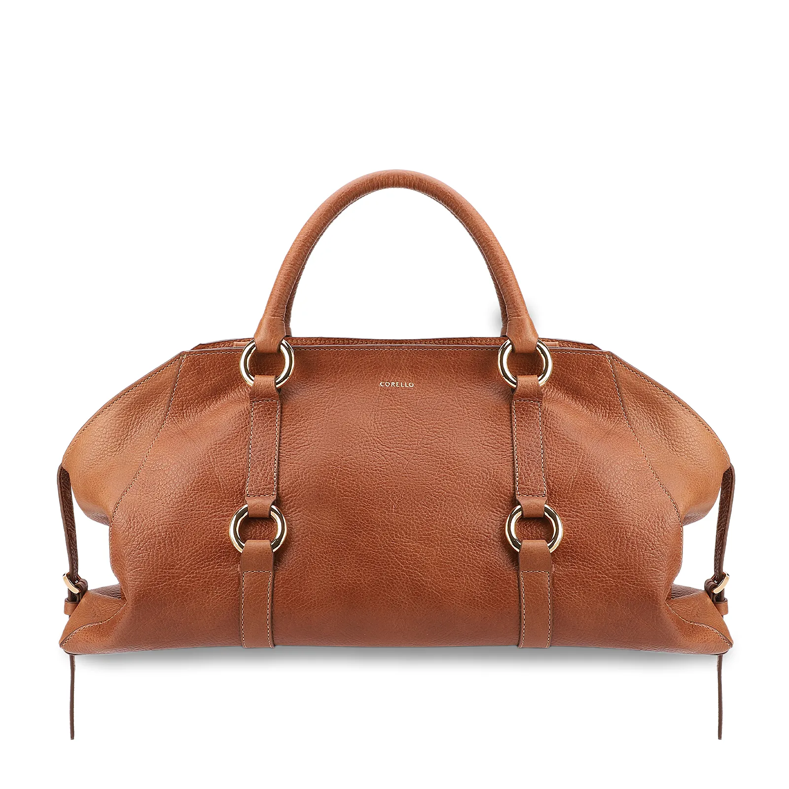 Bolsa Tote Grande Couro Antique Marrom Claro Argolas Douradas