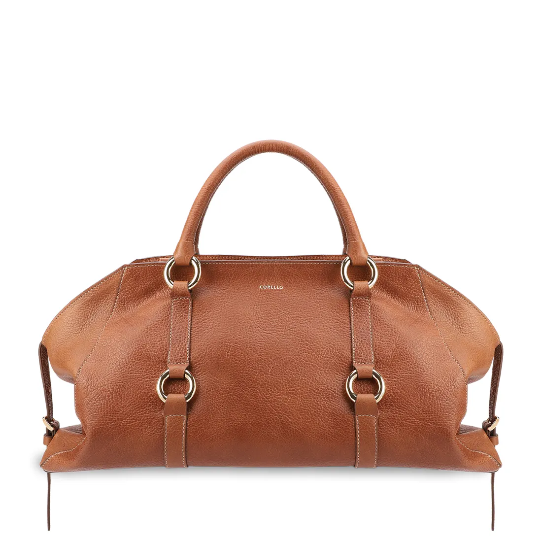 Bolsa Tote Grande Couro Antique Marrom Claro Argolas Douradas