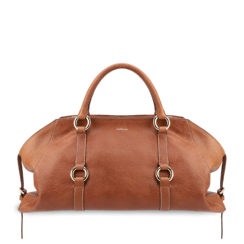 Bolsa Tote Grande Couro Antique Marrom Claro Argolas Douradas