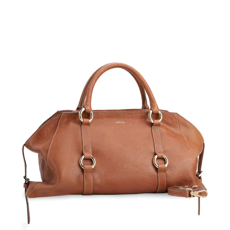 Bolsa Tote Grande Couro Antique Marrom Claro Argolas Douradas - foto 2