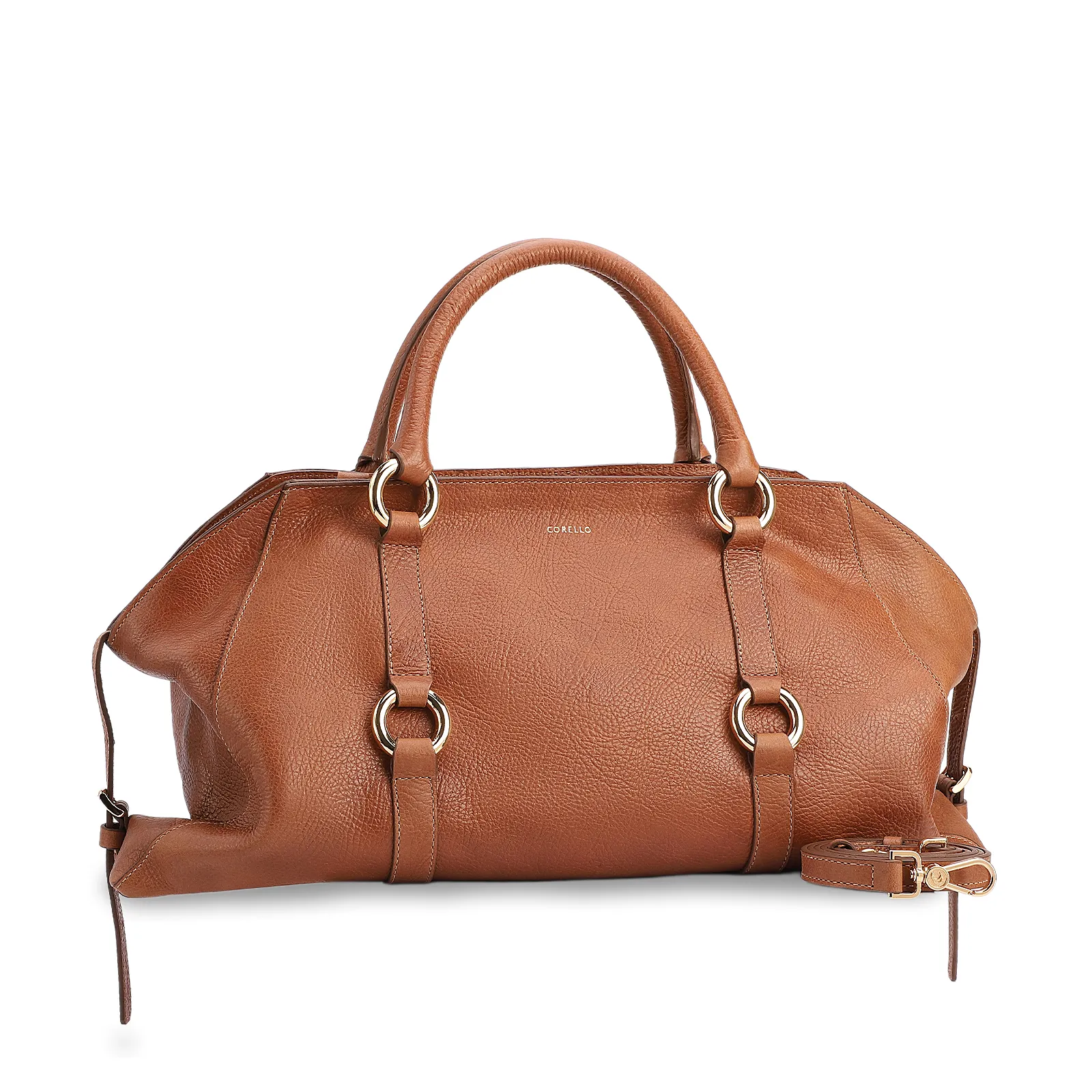 Bolsa Tote Grande Couro Antique Marrom Claro Argolas Douradas