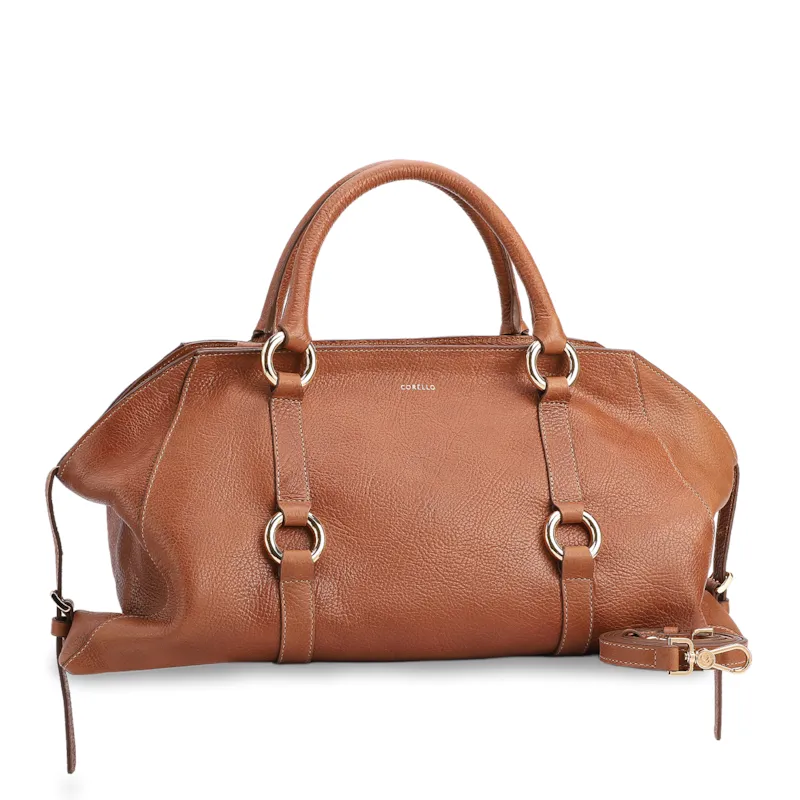 Bolsa Tote Grande Couro Antique Marrom Claro Argolas Douradas - foto 2