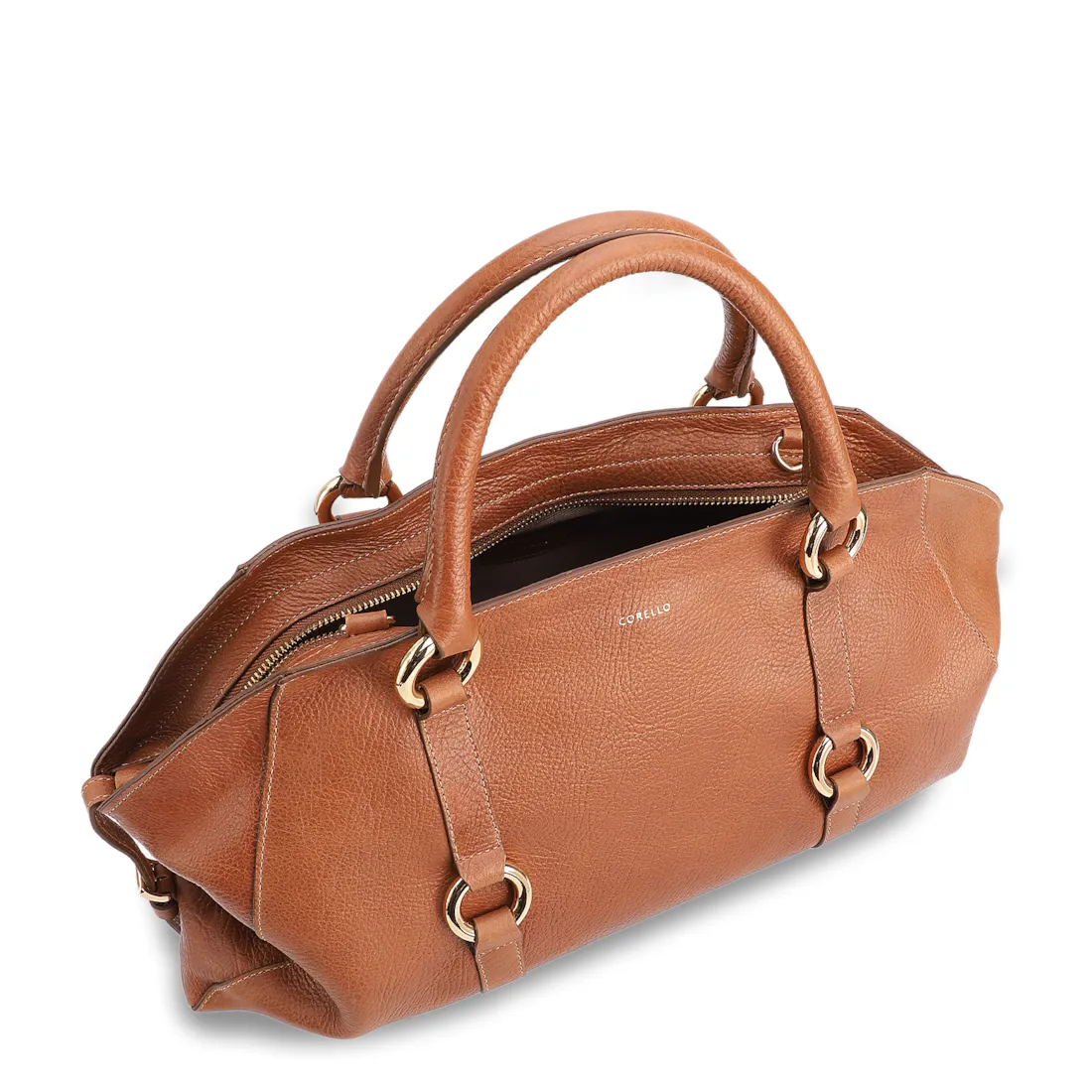 Bolsa Tote Grande Couro Antique Marrom Claro Argolas Douradas - foto 4