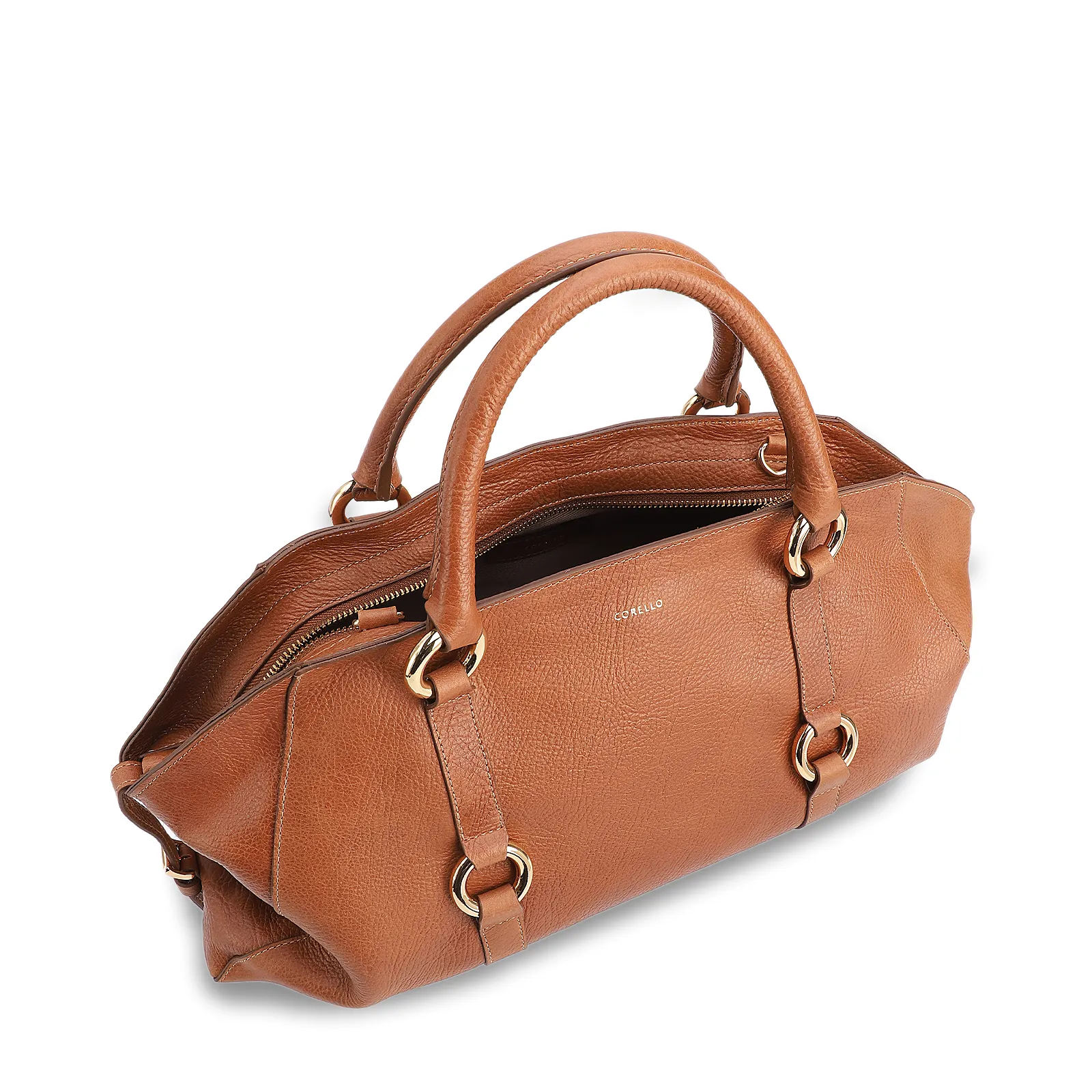 Bolsa Tote Grande Couro Antique Marrom Claro Argolas Douradas