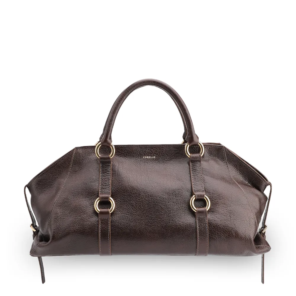 Bolsa Tote Grande Couro Antique Marrom Escuro Argolas Douradas