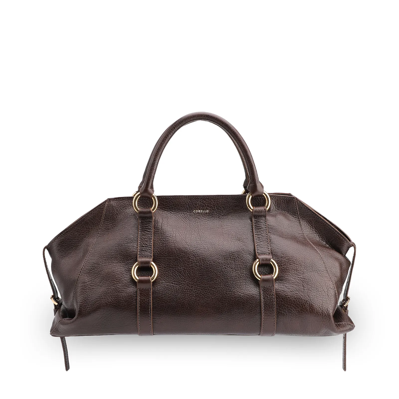 Bolsa Tote Grande Couro Antique Marrom Escuro Argolas Douradas