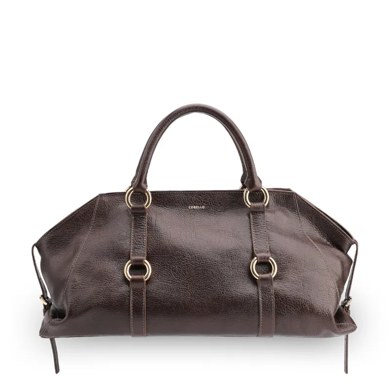 Bolsa Tote Grande Couro Antique Marrom Escuro Argolas Douradas