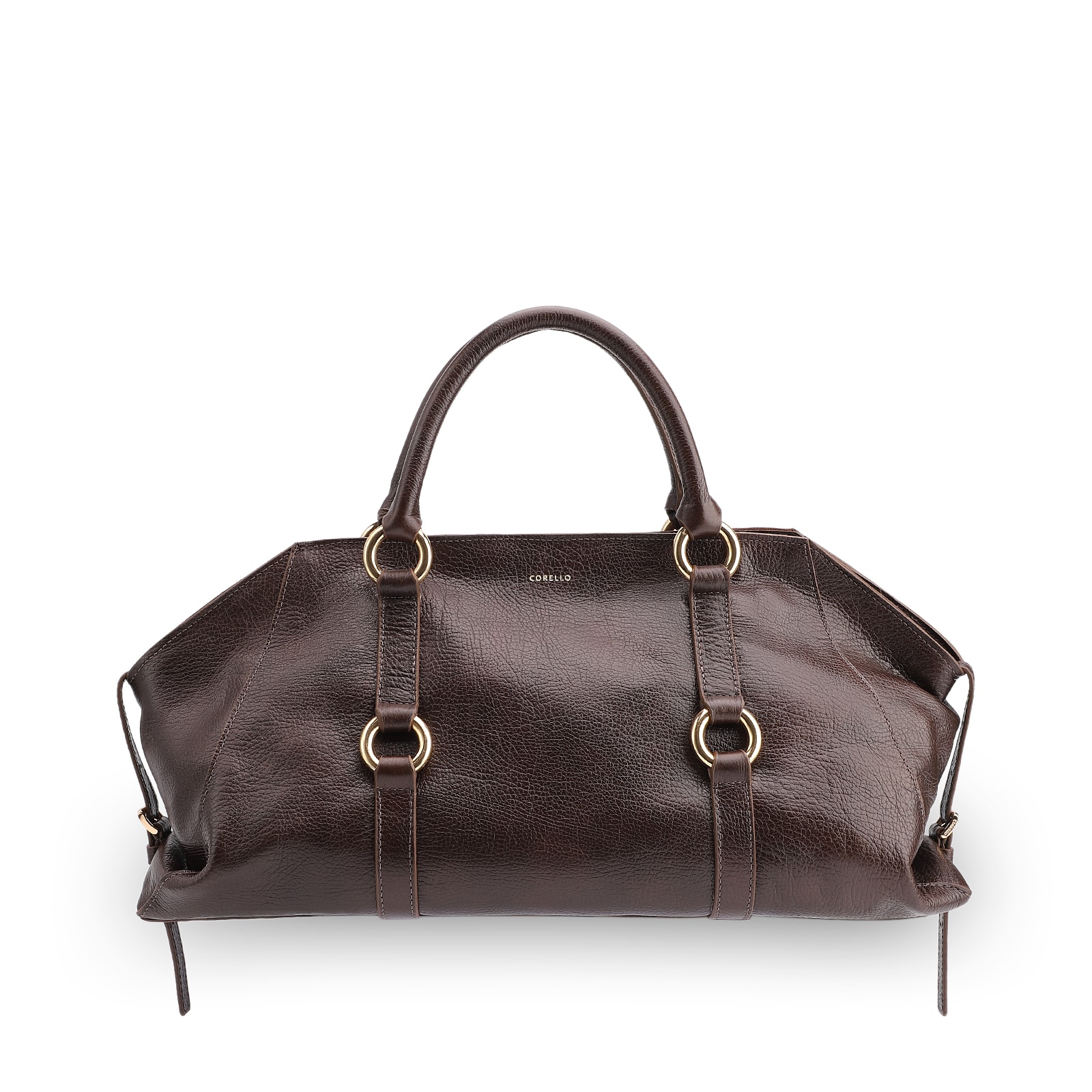 Bolsa Tote Grande Couro Antique Marrom Escuro Argolas Douradas