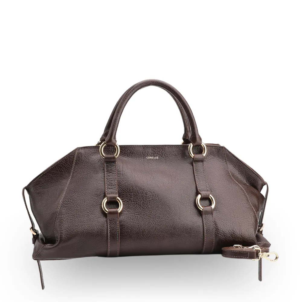 Bolsa Tote Grande Couro Antique Marrom Escuro Argolas Douradas - imagem 3