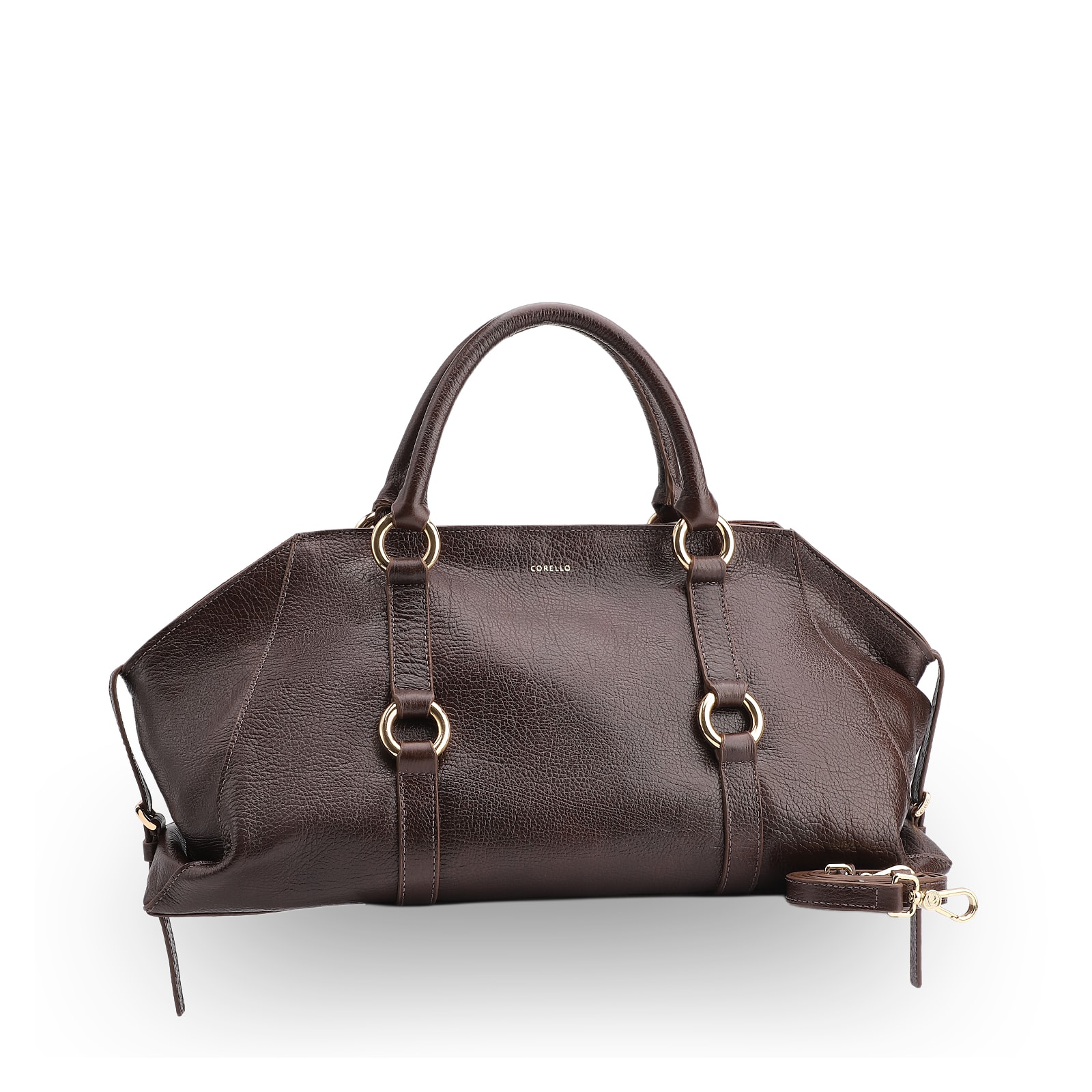 Bolsa Tote Grande Couro Antique Marrom Escuro Argolas Douradas