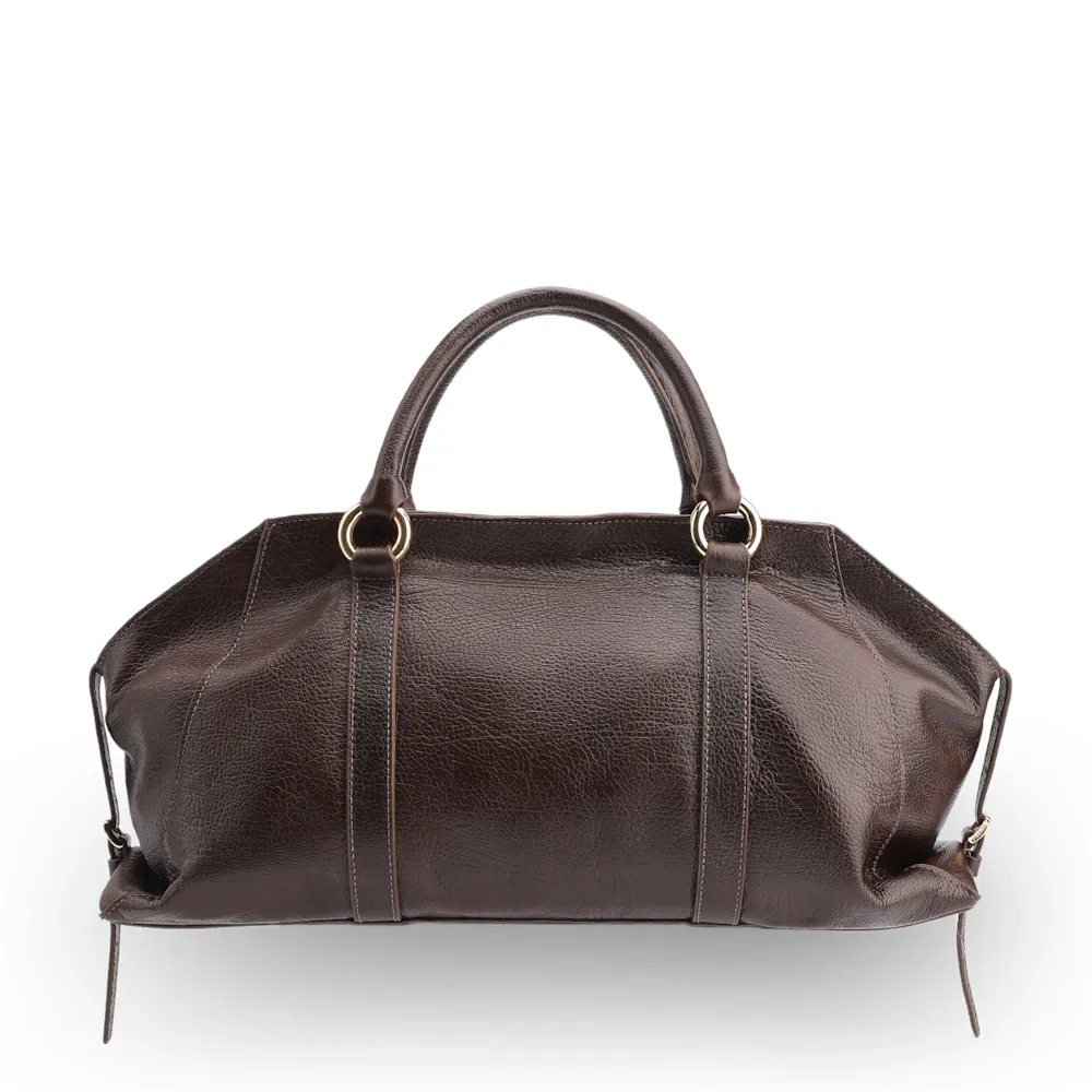 Bolsa Tote Grande Couro Antique Marrom Escuro Argolas Douradas - imagem 4
