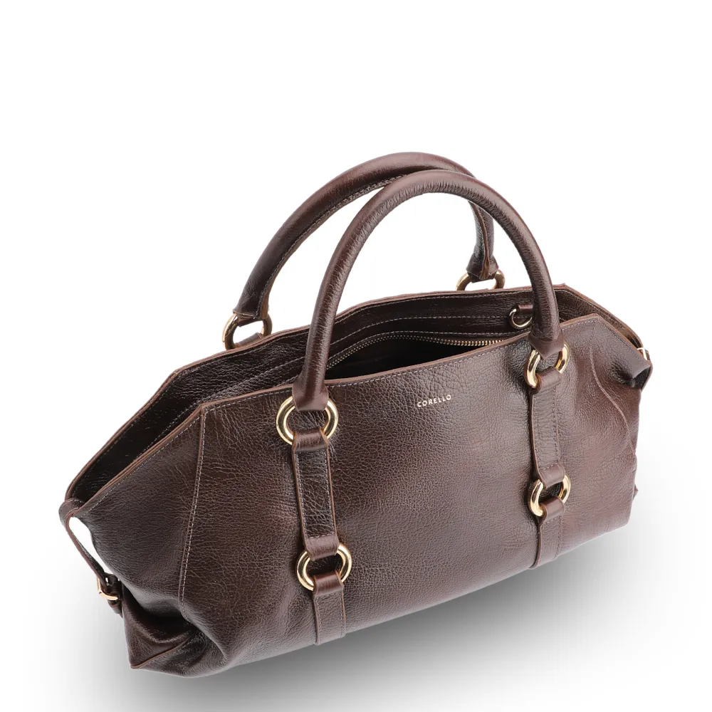 Bolsa Tote Grande Couro Antique Marrom Escuro Argolas Douradas - imagem 5