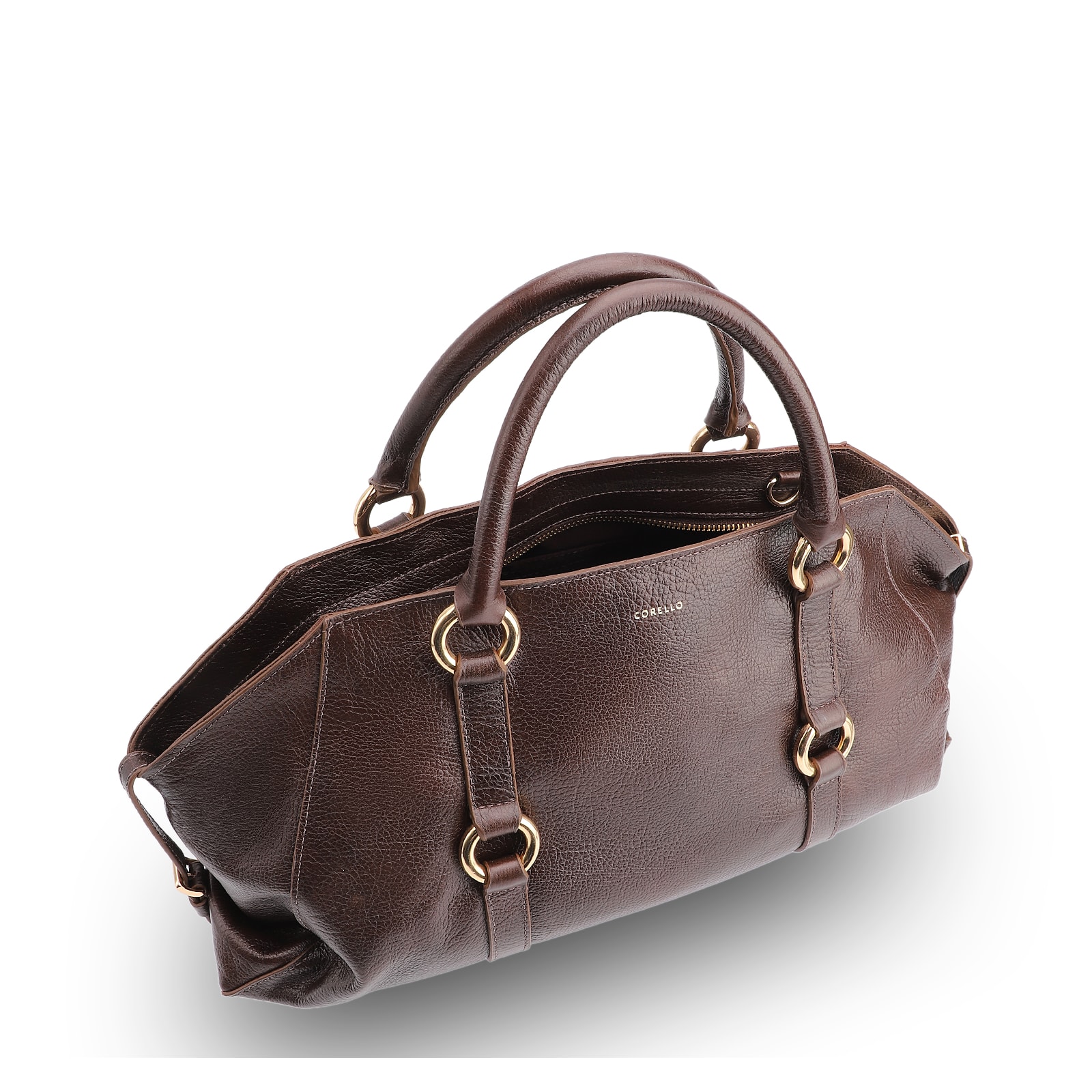 Bolsa Tote Grande Couro Antique Marrom Escuro Argolas Douradas