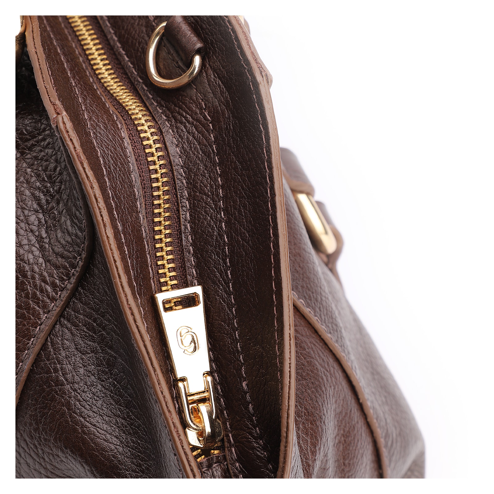 Bolsa Tote Grande Couro Antique Marrom Escuro Argolas Douradas