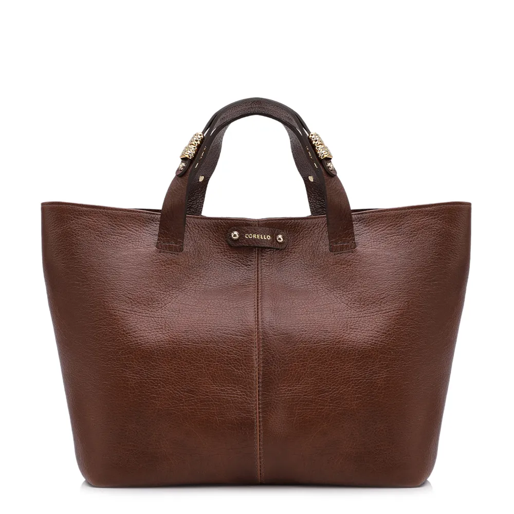 Bolsa Tote Grande Couro Antique Marrom Fecho Magnético