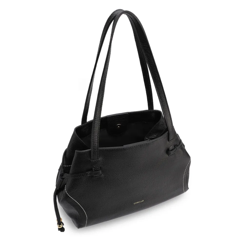 Bolsa Tote Grande Couro Antique Preta Pespontos Laterais - imagem 4