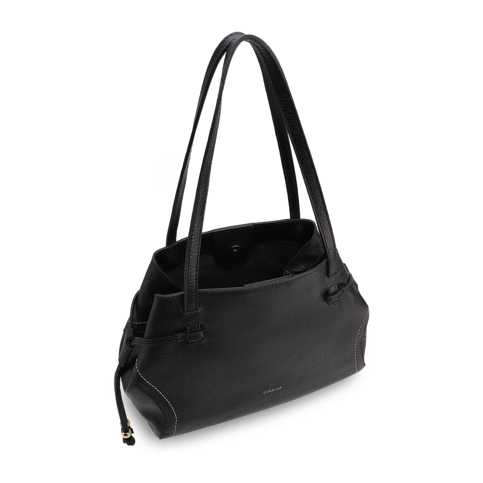 Bolsa Tote Grande Couro Antique Preta Pespontos Laterais