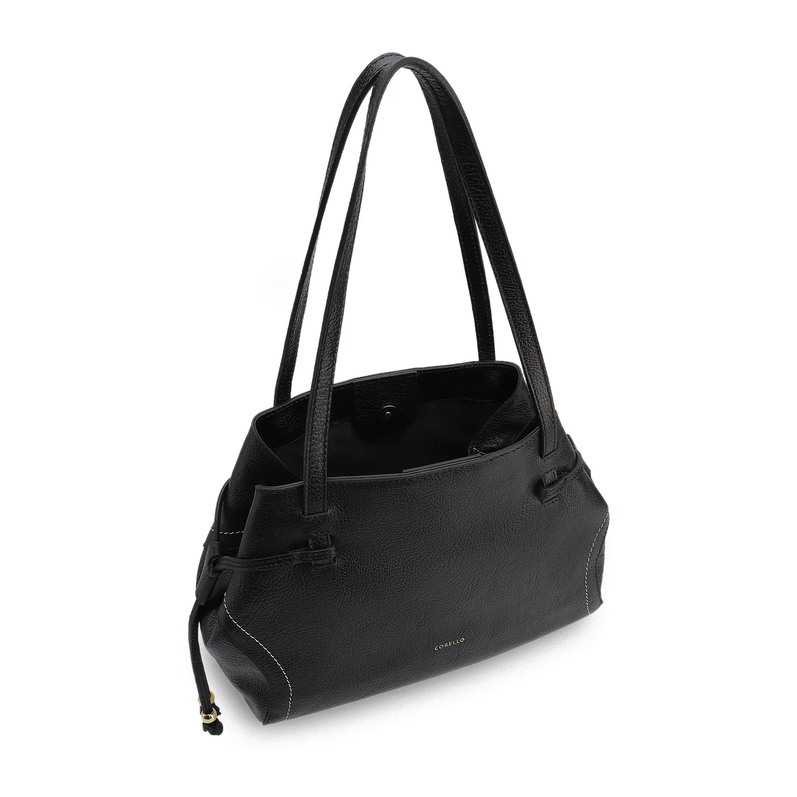 Bolsa Tote Grande Couro Antique Preta Pespontos Laterais