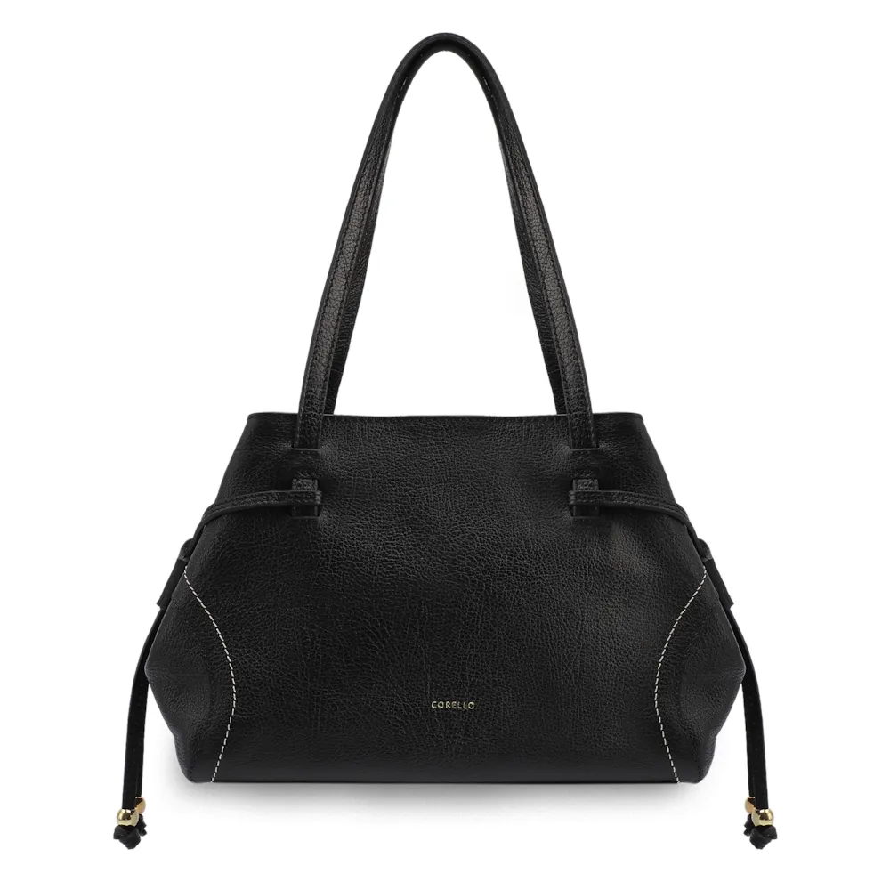 Bolsa Tote Grande Couro Antique Preta Pespontos Laterais