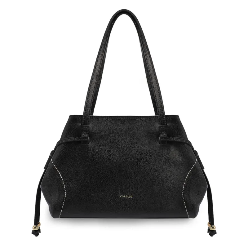 Bolsa Tote Grande Couro Antique Preta Pespontos Laterais
