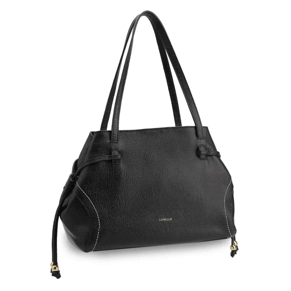 Bolsa Tote Grande Couro Antique Preta Pespontos Laterais - imagem 2