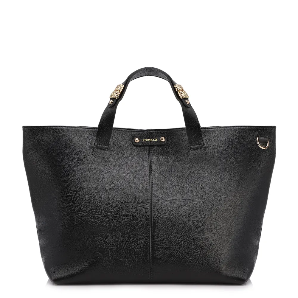 Bolsa Tote Grande Couro Antique Preto Fecho Magnético