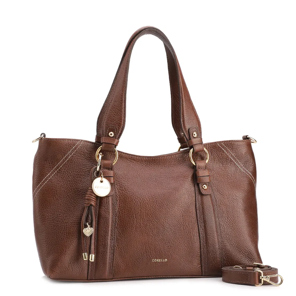 Bolsa Tote Grande Couro Antiquei Marrom Pingente - imagem 2