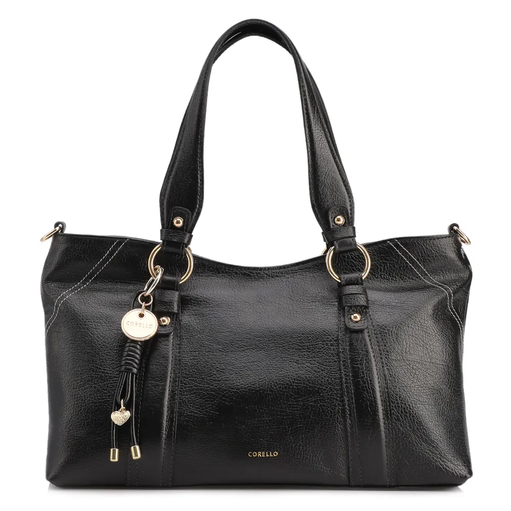 Bolsa Tote Grande Couro Antiquei Preto Pingente