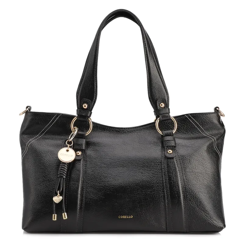 Bolsa Tote Grande Couro Antiquei Preto Pingente