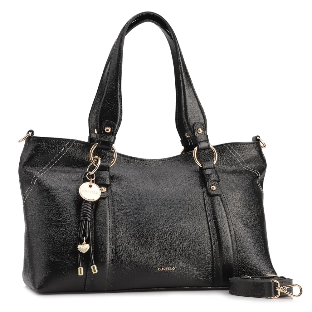 Bolsa Tote Grande Couro Antiquei Preto Pingente - imagem 3