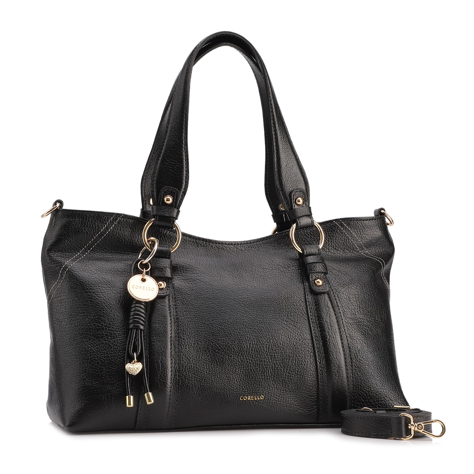Bolsa Tote Grande Couro Antiquei Preto Pingente