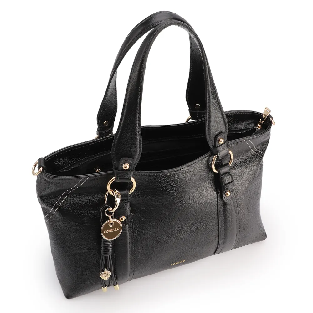 Bolsa Tote Grande Couro Antiquei Preto Pingente - imagem 5