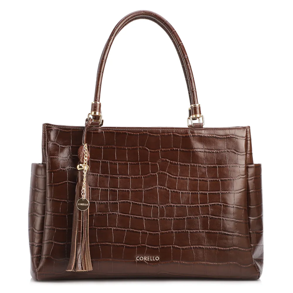 Bolsa Tote Grande Couro Croco Marrom Pingente Pedras