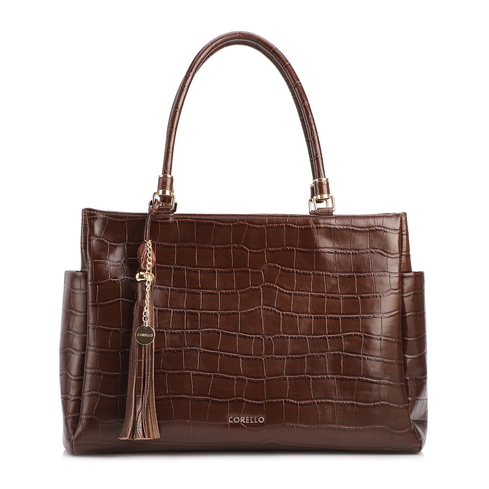 Bolsa Tote Grande Couro Croco Marrom Pingente Pedras