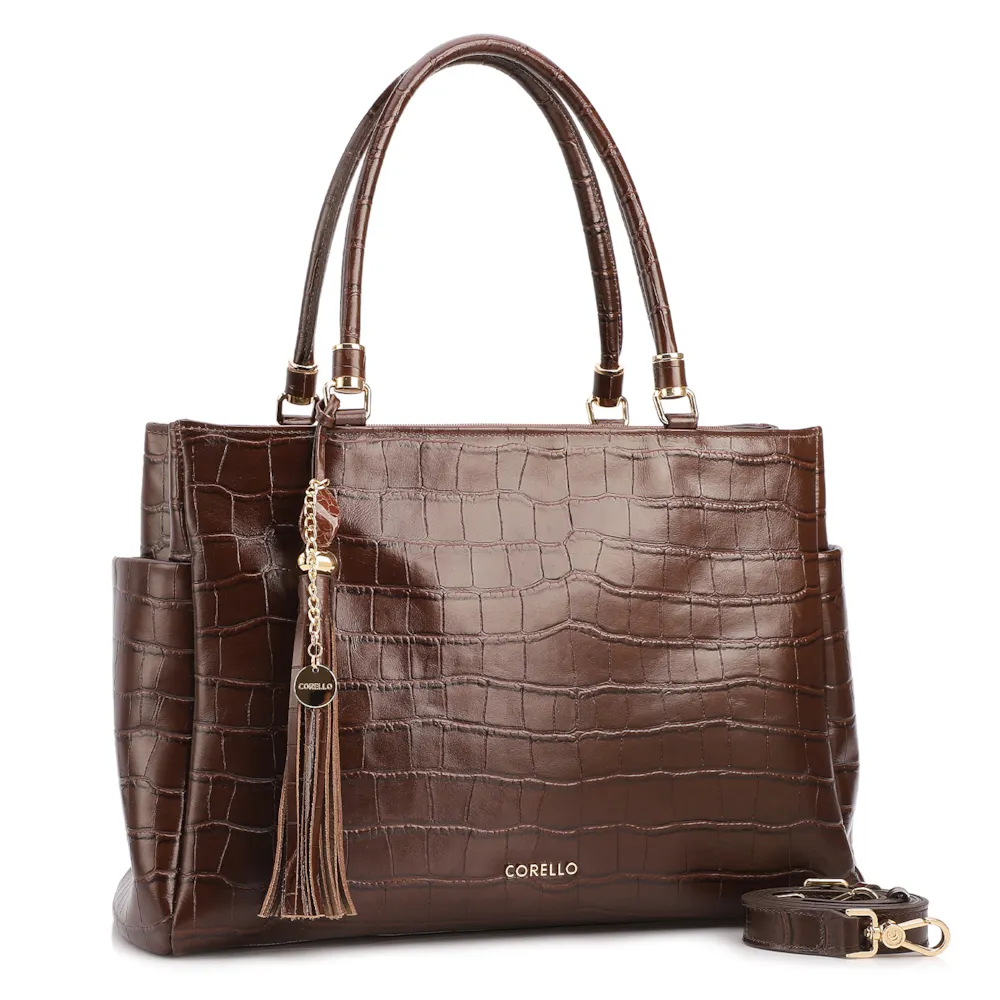 Bolsa Tote Grande Couro Croco Marrom Pingente Pedras - imagem 2