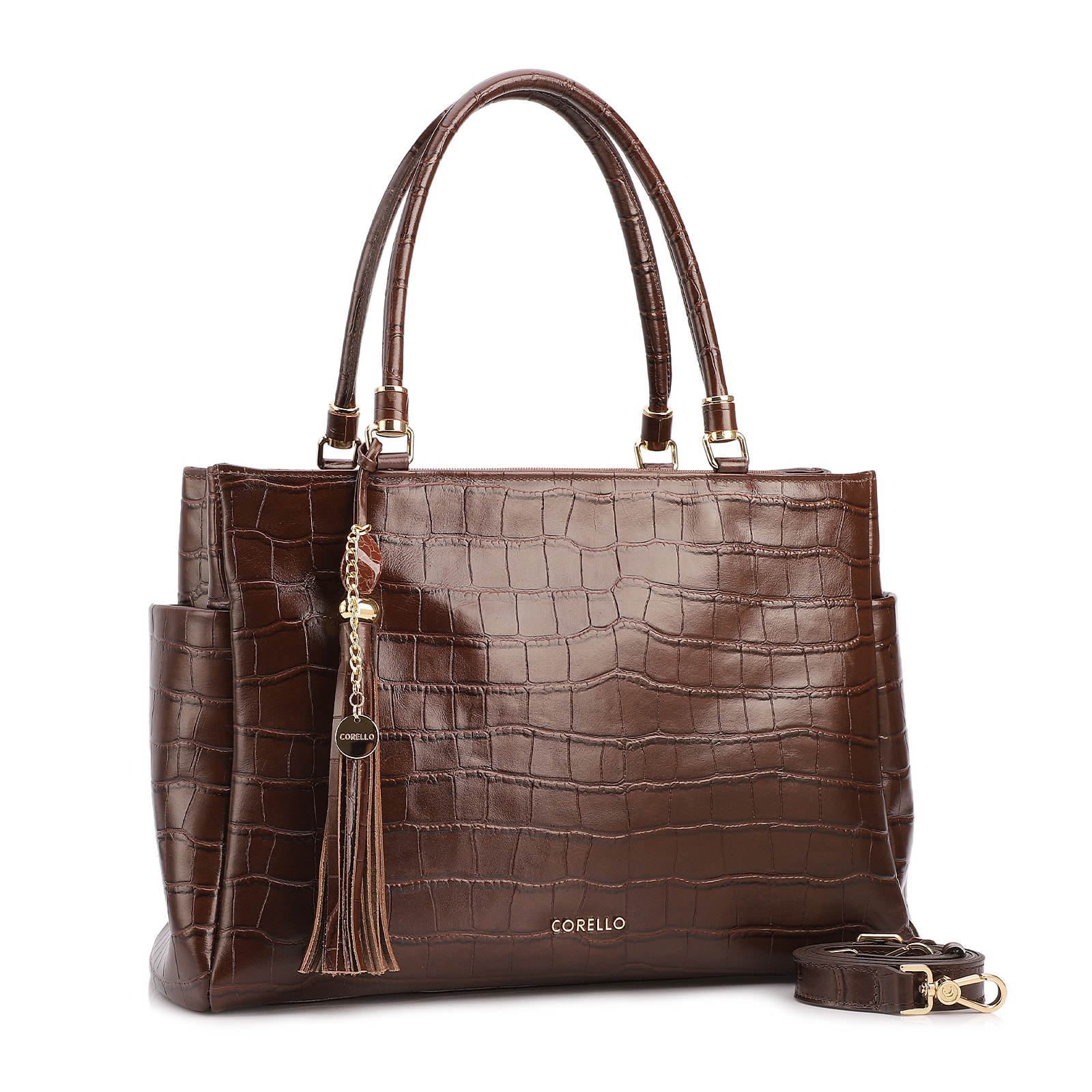 Bolsa Tote Grande Couro Croco Marrom Pingente Pedras