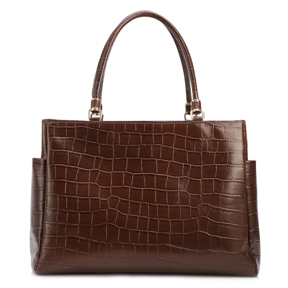 Bolsa Tote Grande Couro Croco Marrom Pingente Pedras - imagem 3